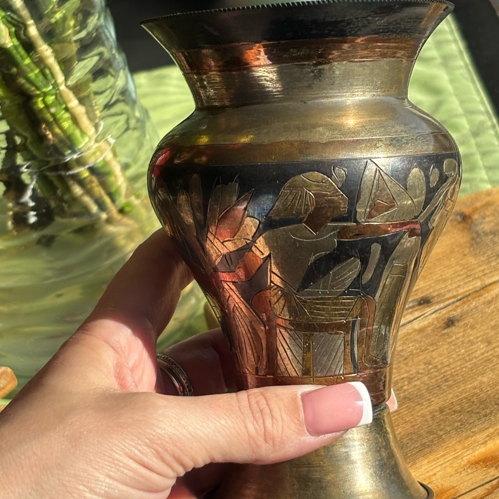 Egyptian tricoloured metal vase with hand engraved design